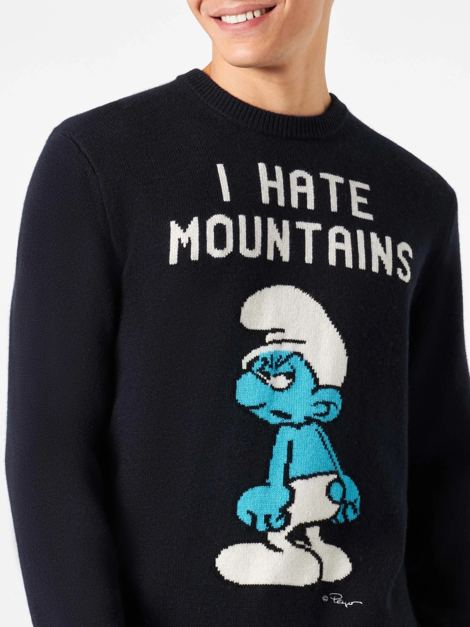 Man Blue Navy Sweater "I Hate Mountains Smurf" Print | ©PEYO SPECIAL EDITION 4 Man Blue Navy Sweater "I Hate Mountains Smurf" Print | ©PEYO SPECIAL EDITION - Image 2