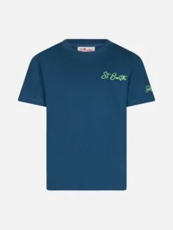 MC2 Saint Barth Boy Blue Cotton T-shirt With St. Barth Beach Print